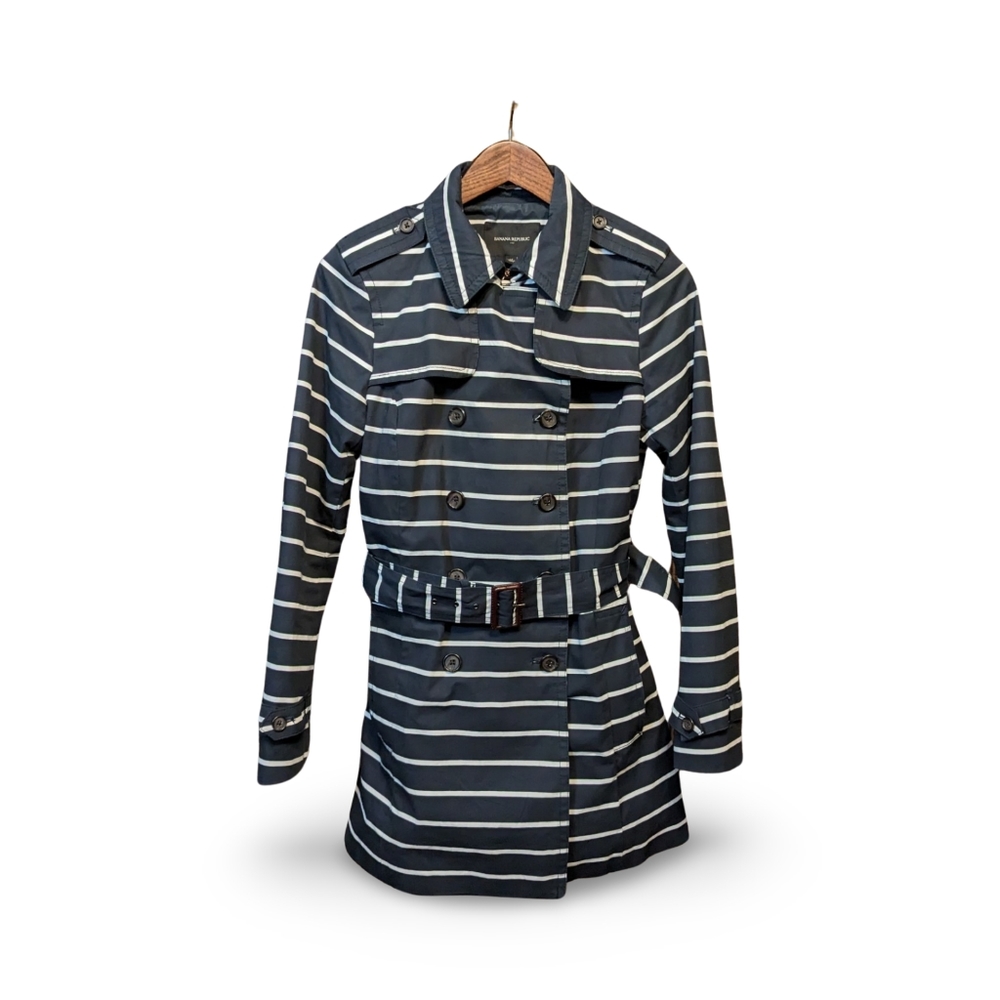 Banana Republic Trench Coat - Mid-Thigh Belted Navy/White Striped - Size Medium